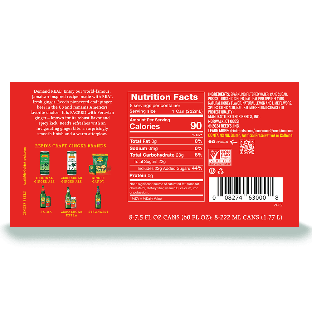 Reed's Extra Ginger Beer Non-GMO, 8 Aluminum 7.5 fl oz Cans per 8 Pack Carton Liquids, Gluten Free