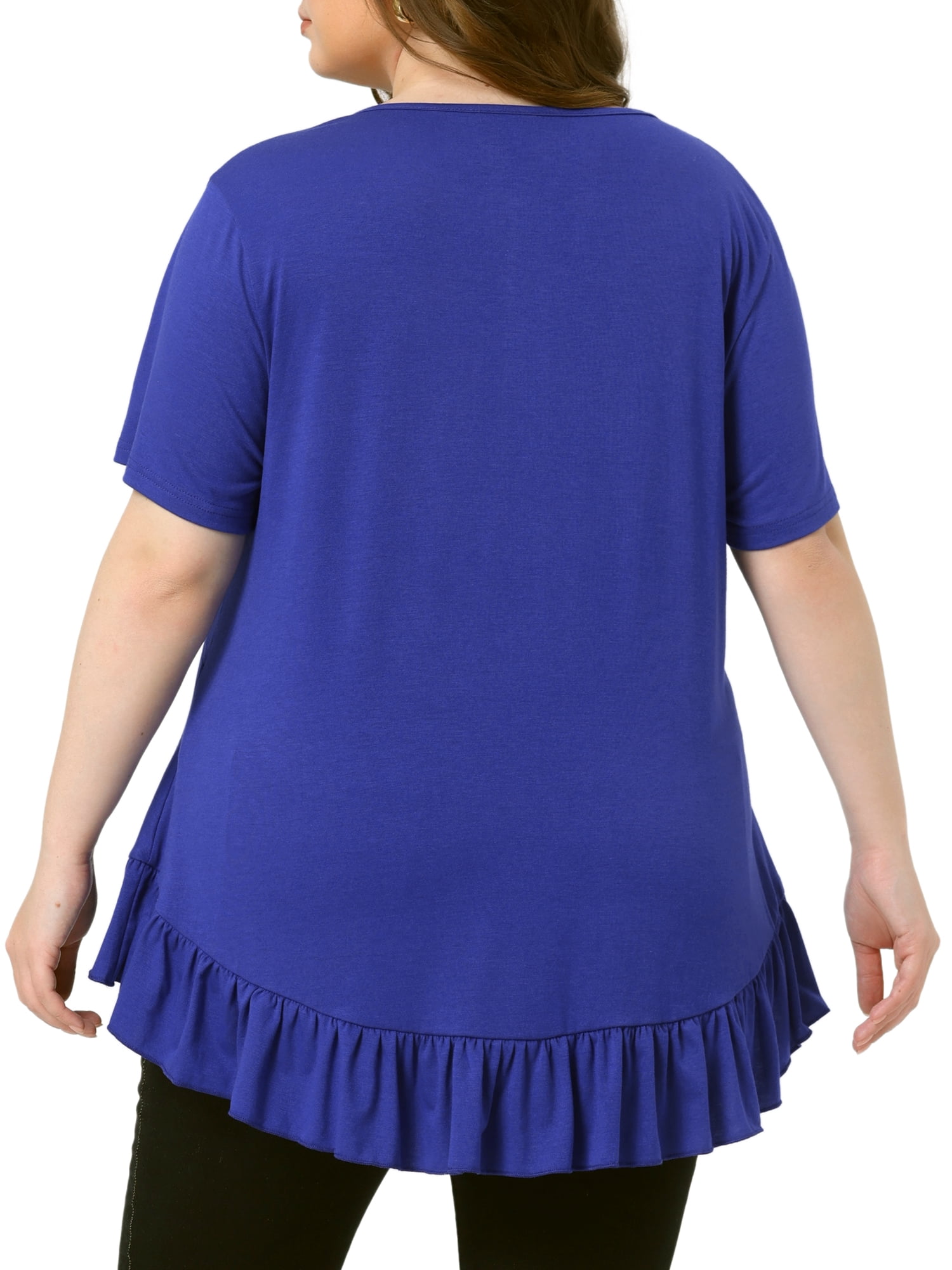 Women's Plus T Shirts Henley V Neck Button Up Short Sleeve Ruffled Hem Blouses Tops 1X Royal Blue
