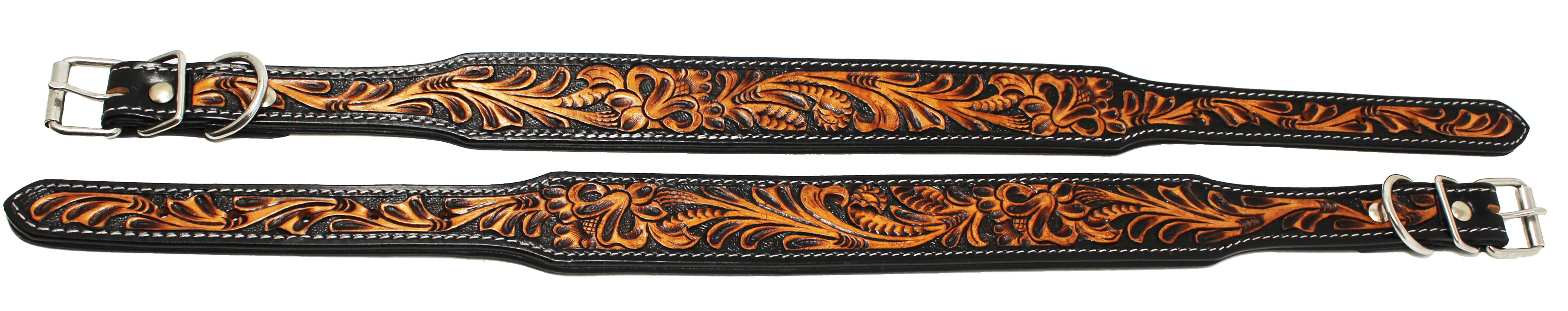Large 21''- 25''  Heavy Duty Padded Leather Floral Tooled Dog Collar 60FK10