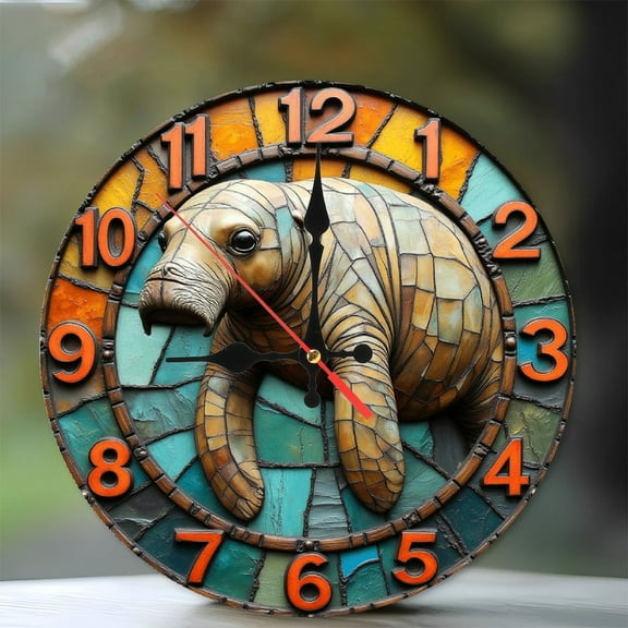 Creative Manatee Clock Wall Art Decor 10-Inch Silent Wooden Wall Clock, Battery Operated (AA Batteries Not Included), Artistic Home Decor