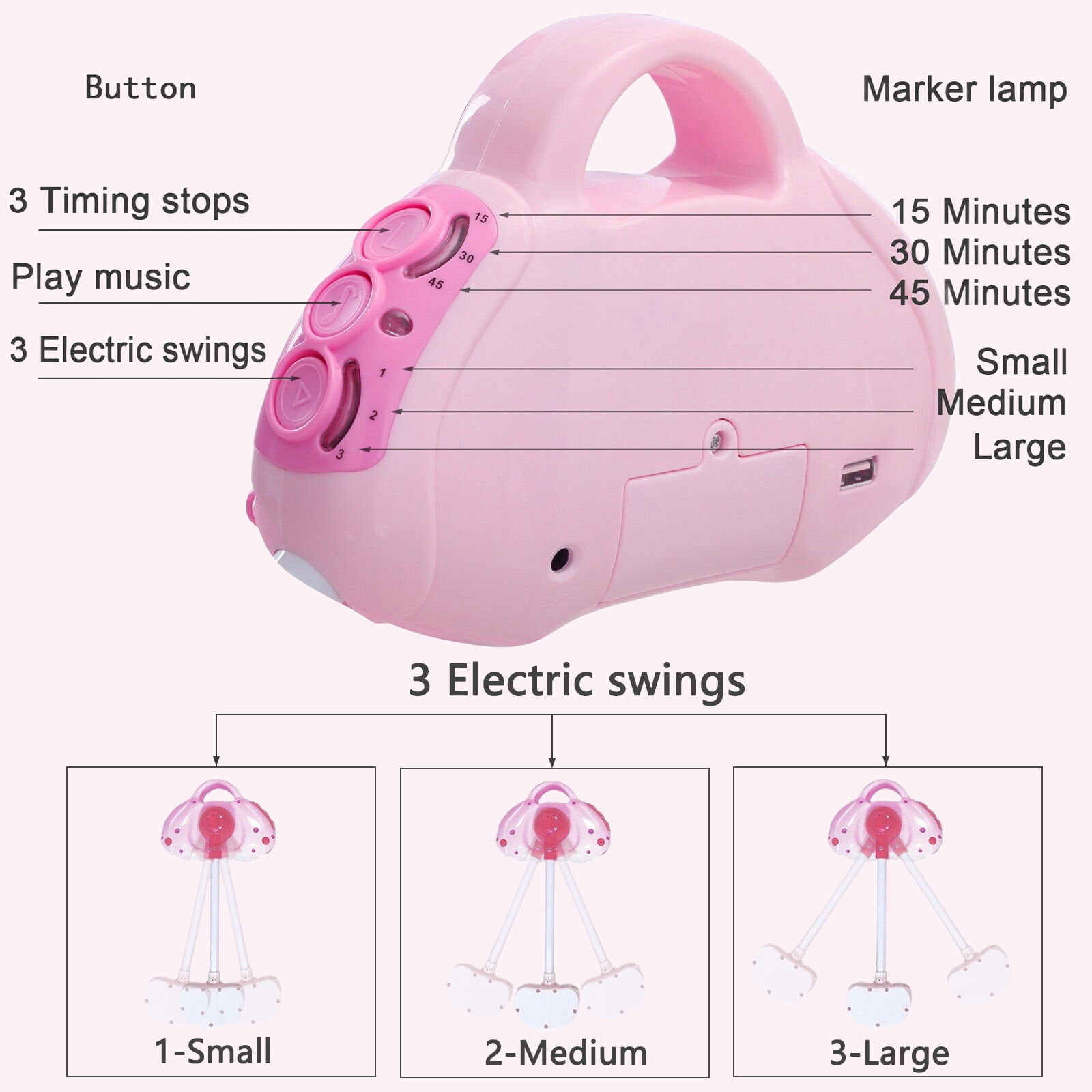 XunKA Electric Baby Swing, Portable Infant Bouncer Cradle with bluetooth Music and Remote Control,Pink.