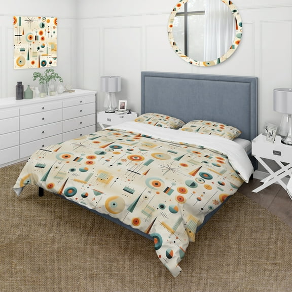 Designart "Geometric Resurgence In Midcentury Design I" Orange Midcentury Bedding Covert Set - Mid-Century Modern Bed Set With 2 Shams