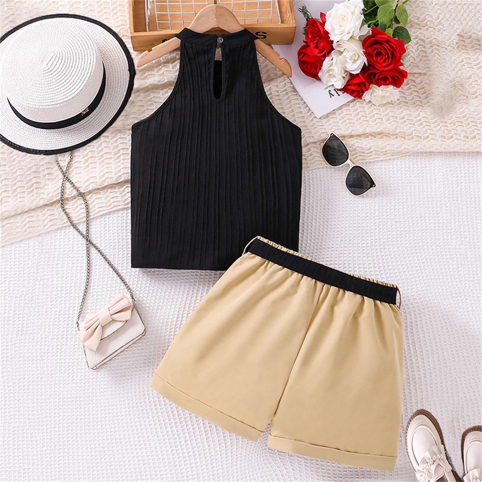 Kid Clothing For Girls Fashion Round Neck Sleeveless Clothes Set Solid Color Soft Shorts Outfits Weekend Playsuit 8-9 Years Black