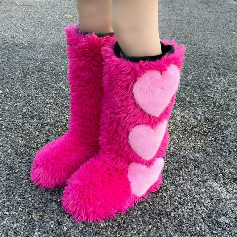 Xfvqtps Womens Plush Furry Snow Boots Knee High with Heart Decor