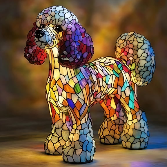 HIBIBUD Poodle Lamp Retro Stained Resin Tabletop Night Light,Animal Table Lamps Series,3D Cute Dog LED Stained Glass Table Lamps,Vintage Home Decor Gift for Pets Lovers 5.91"