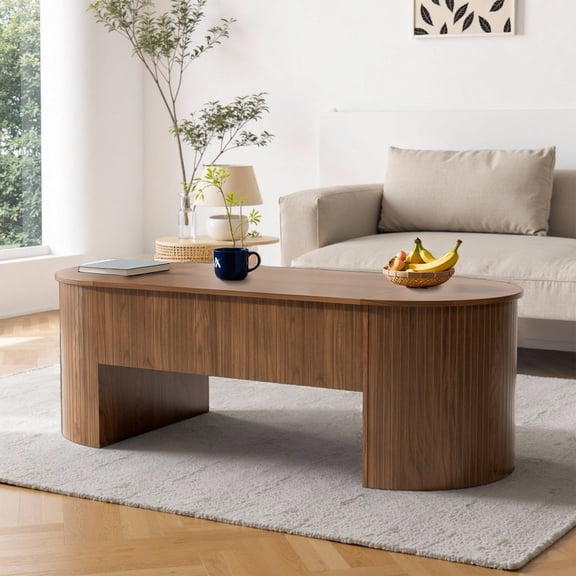 Oubayajia Fluted Coffee Table with Lifting Top and Hidden Storage, Mid Century Modern Coffee Table for Living Room, Office, Walnut