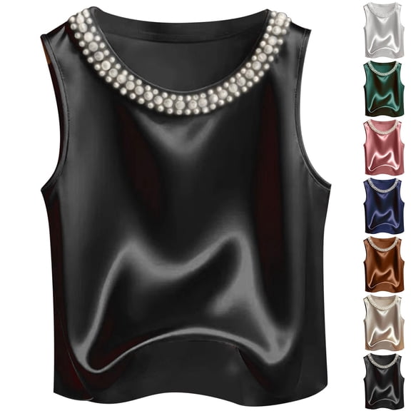 Tisuna Tank Tops For Women Summer Crew Neck Sleeveless Elegant Shirt Ladies Satin Pearl Design Basic Cami Shirts Size L Beige