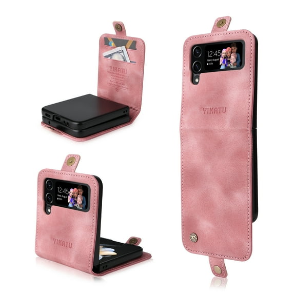 for Samsung Galaxy Z Flip 4 Case Wallet with Card Holder, Premium Leather Galaxy Z Flip 4 Card Case for Women Men Protective Retro Slim Phone Case for Samsung Galaxy Z Flip 4 5G 2022 - Pink