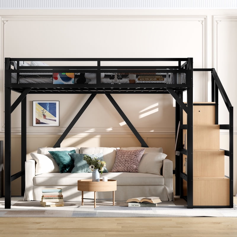Queen Size Loft Bed with Storage Stairs,Shelves and Built-in Wardrobe, Metal Game Loft Bed Frame with USB Ports and LED Lights,Noise-reduced Design,Natural Wood