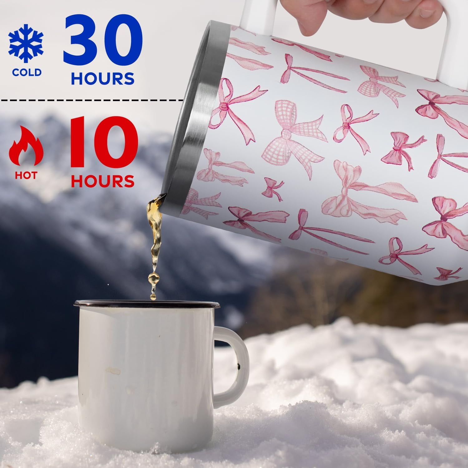 Christmas Pink Bows Tumbler with Handle and Straw Lid 40 oz,Cute Merry Xmas Gifts for Women Vacuum Insulated Leak Proof Tumbler,Winter Holiday Accessories Stainless Steel Coffee Cup Mug