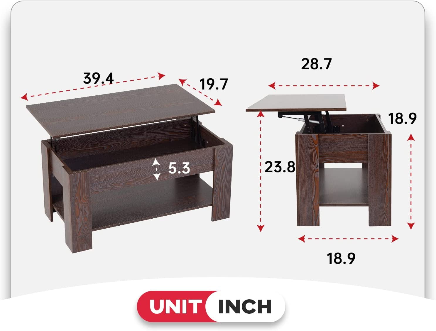 FDW Lift Top Wooden Coffee Table with Hidden Compartment, Espresso