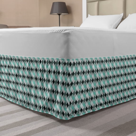 Geometric Bed Skirt, Grey and Green Tones Squares Pattern of Diagonal Order Checkered Ornament, Elastic Bedskirt Dust Ruffle Wrap Around for Bedding Decor, 4 Sizes, Multicolor, by Ambesonne