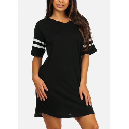 Womens Juniors Cotton Modal Basic Casual Loungewear Must Have Short Sleeve Black Stripe Mini Dress 40545P