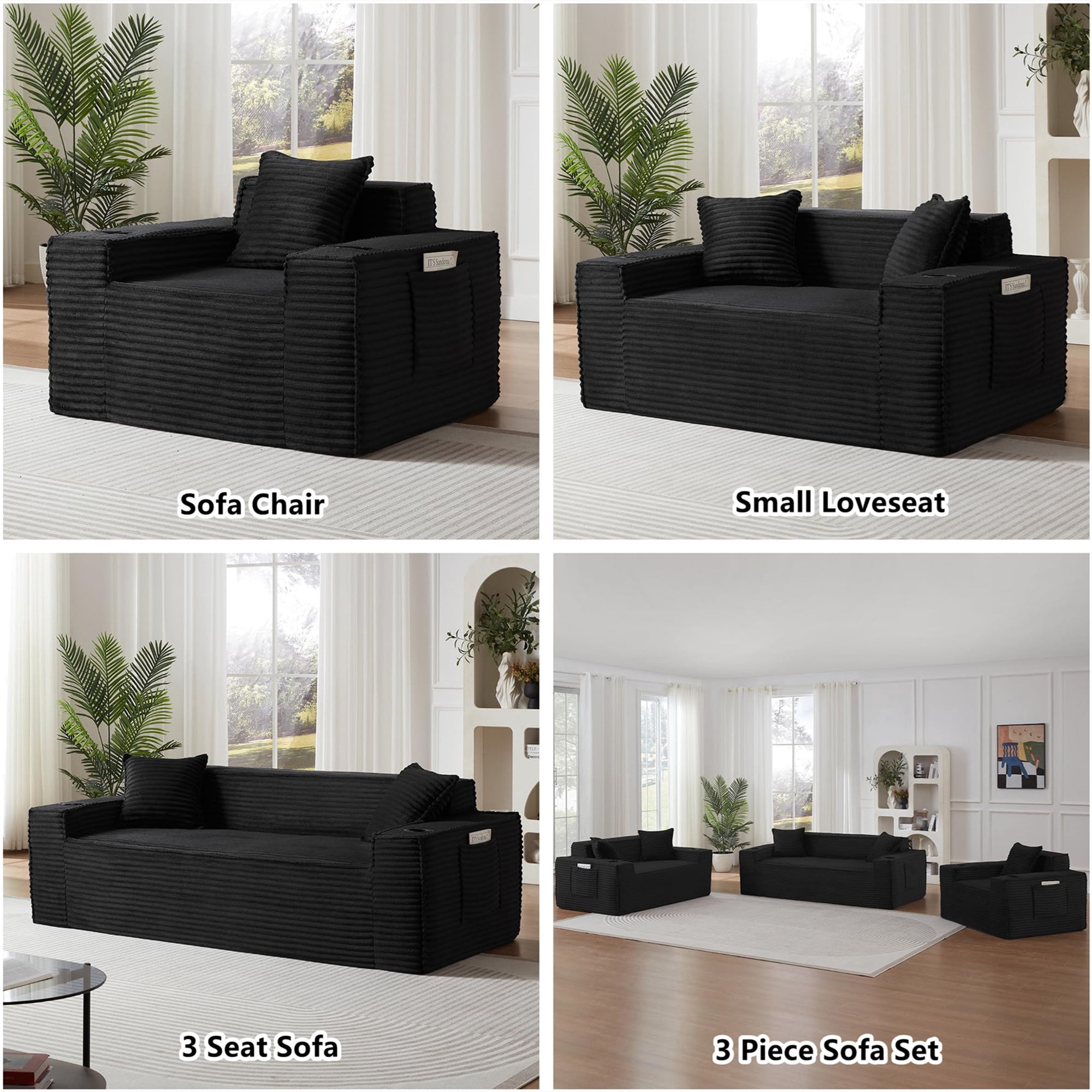 Aukfa 3 Piece Boneless Couch Set, Cloud Sofa Armchair w/ 2 Cup Holders&Storage Pockets for Living Room, Corduroy, Black