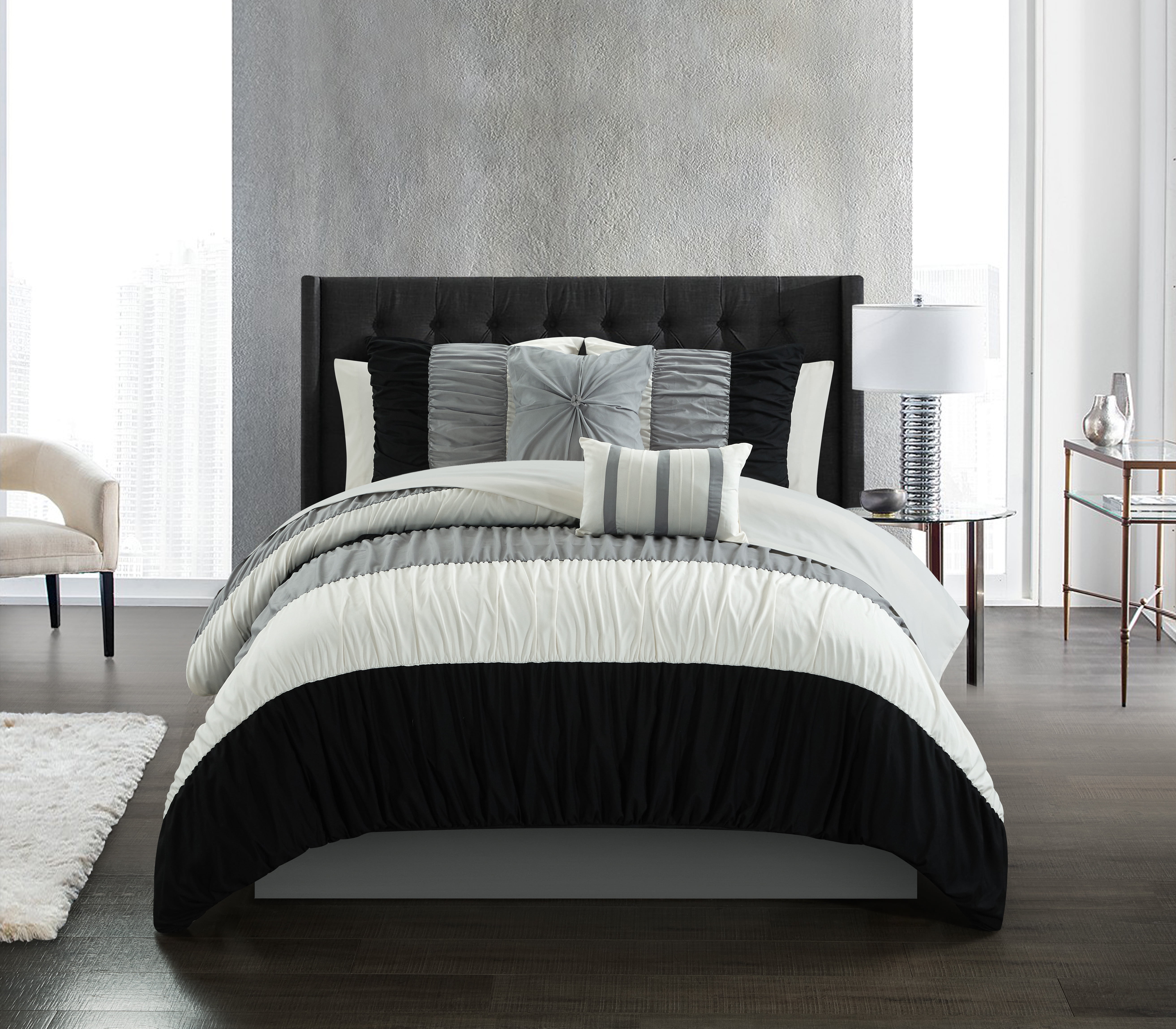 Chic Home Fae 7Piece Ruched Comforter Set, Twin, Black