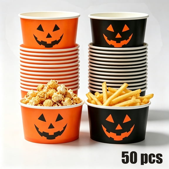50Pcs Halloween Treat Snack Cups Ghost Pumpkin Face Pattern Disposable Paper Bowls 9oz Orange Black Paper Cups Dessert Ice Cream Bowls for Trick or Treat Halloween Movie Party Favor Supplies, 2 Style
