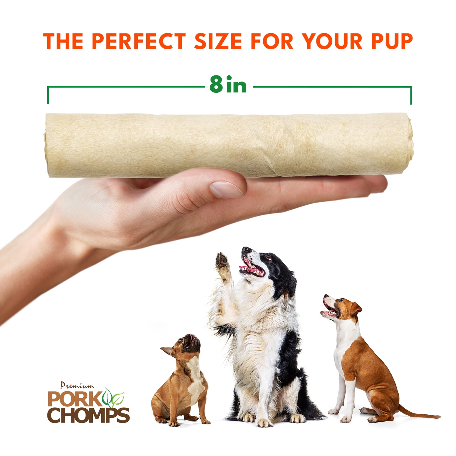 Pork Chomps Premium Rawhide-Free Baked Pork Skin Chew Rolls for Dogs, 8 Inch, 18 Count