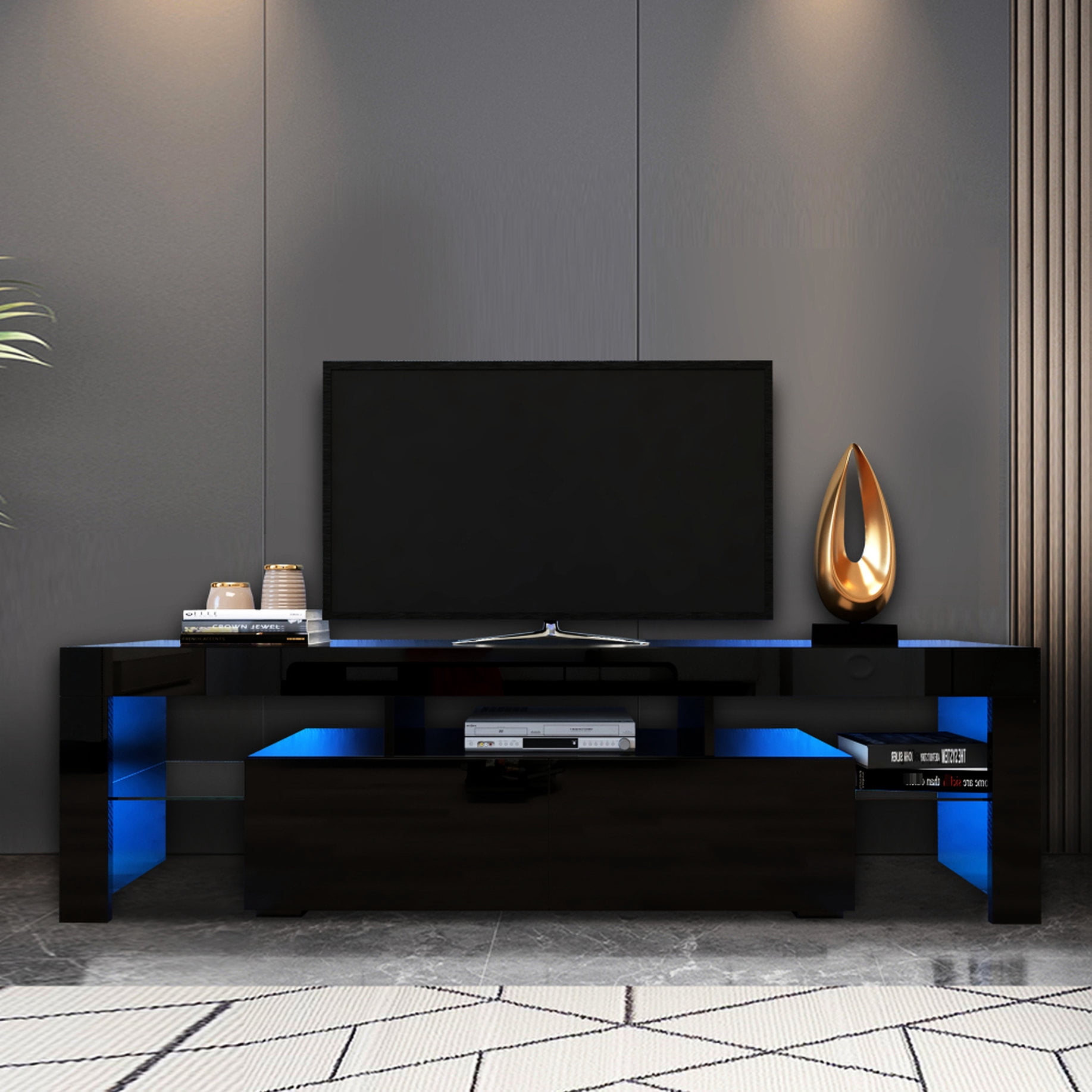 20-Color LED Black TV Stand, Remote-Controlled Lights | Ideal for Modern Living Rooms, High Load Bearing