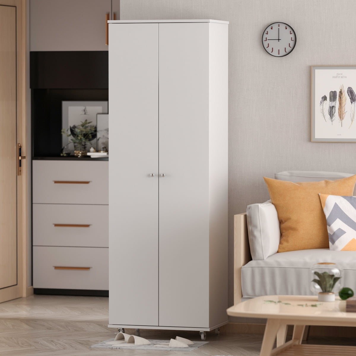 KULAGAGA 2-Door Tall Shoes Storage Cabinet with Wheels, Modern 8-Tier Wood Shoe Rack Storage Organizer for Entryway Hallway White