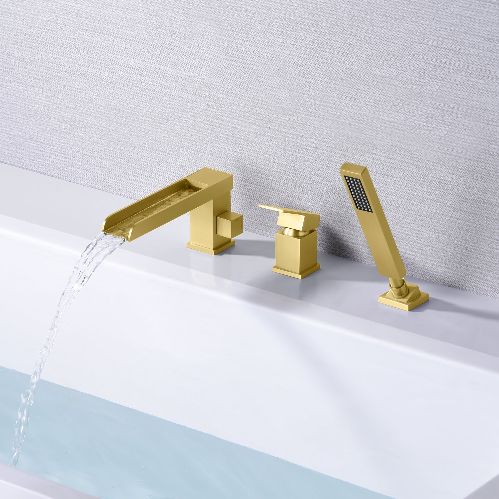 3 Hole Brushed Gold Waterfall Roman Tub Faucet with Hand Shower and Valve Sumerain