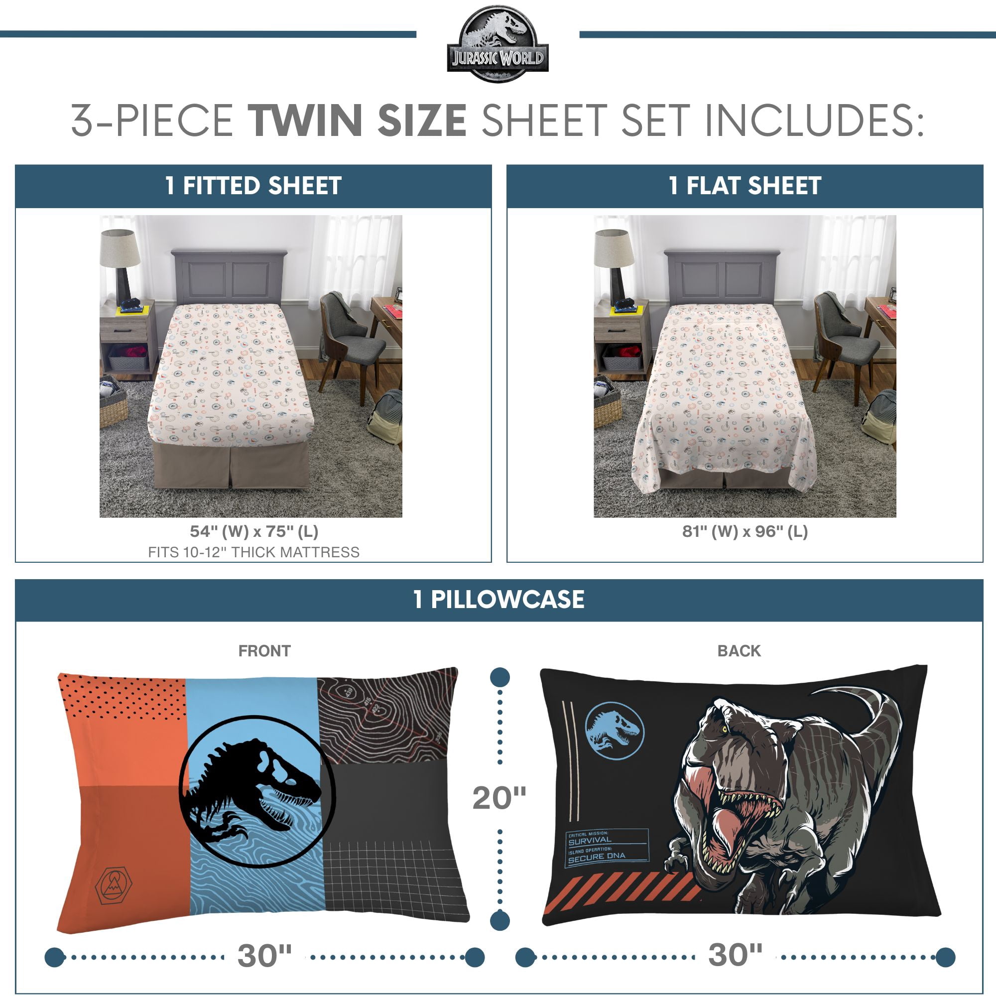 Jurassic World Kids 3 Piece Beige Dinosaur Print Sheet Set, Twin
