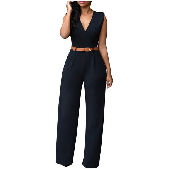 Loopsun Plus Size Womens Pants, Womens Solid Color Pocket Casual Sleeveless Long Pants High Waisted V-neck Wide Leg Pants Jumpsuit Black XXL