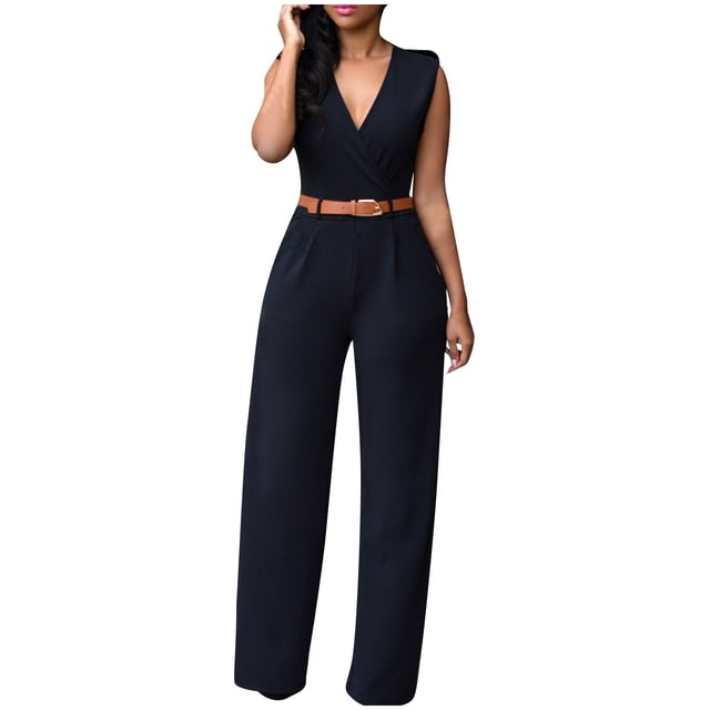 FAIWAD Womens Sleeveless Jumpsuits Solid Color Deep V High Waist Rompers with Belt Business Office Wide Leg Jumpsuits