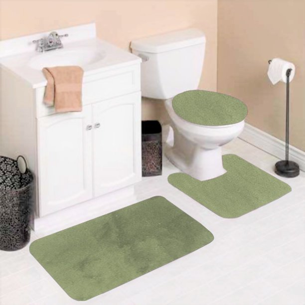 3PC 6 SAGE BANDED BATHROOM SET BATH MAT COUNTOUR RUG LID COVER PLAIN SOLID COLORS