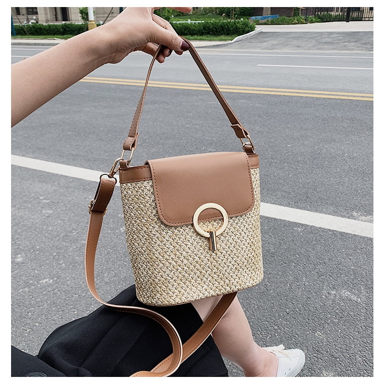 Casual Straw Bucket Bags Women Summer Messenger Travel Bag Beach Lady Travel Purses Handbags Shoulder Bag White