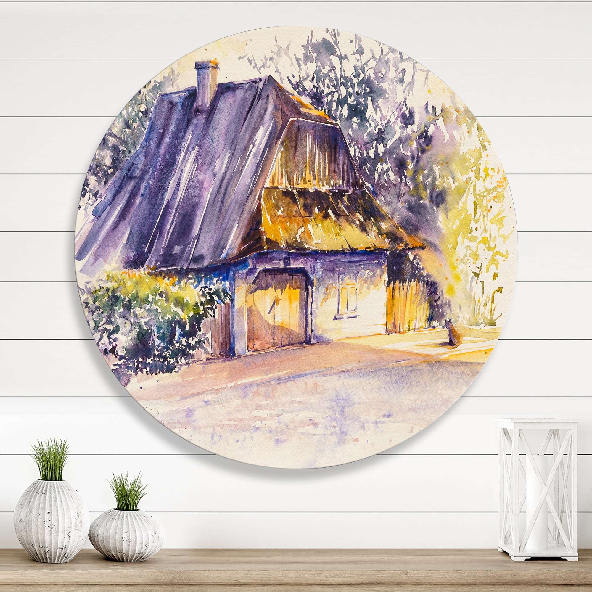 Designart 'Old Wooden White House In Country Side Village During Afternoon Glow' Traditional Circle Metal Wall Art 11x11 - Disc of 11