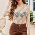 thumbnail image 2 of Womens Summer Tops Mesh Long Sleeve Neck Sheer Blouse See Through Hollowed Floral Lace Beige Womens Shirts L, 2 of 6