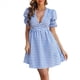 thumbnail image 2 of Vestido Midi con Estampado de Cuadros Retro para Mujer, Cuello en V, Corta, Volantes, Informal, Abotonado Azul XL, 2 of 9