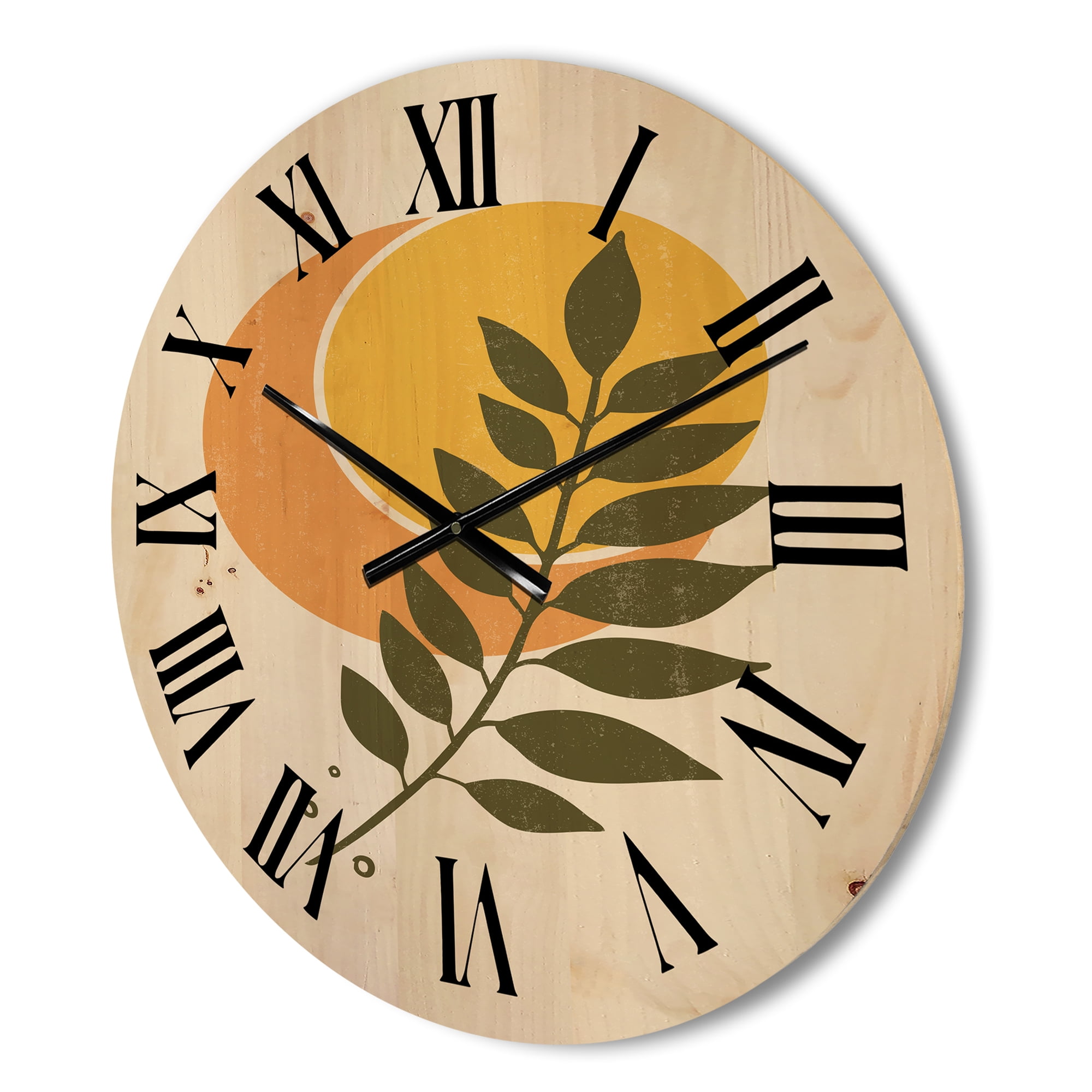 Designart 'Abstract Geometrical Moon and Sun With Leaf V' Modern Wood Wall Clock