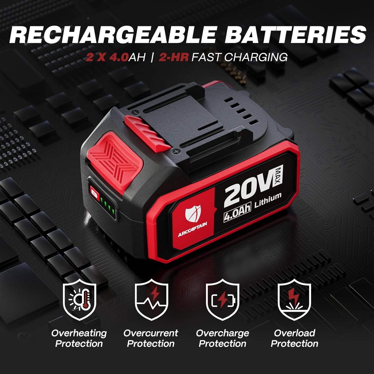 ARCCAPTAIN Angle Grinder Kit, 4-1/2" to 5", Paddle Switch, 9500RPM 1200W Brushless Motor, Cordless with 2PCS 4.0Ah Batteries, 180° Rotatable, 3-Speed, for Cutting/Grinding/Polishing