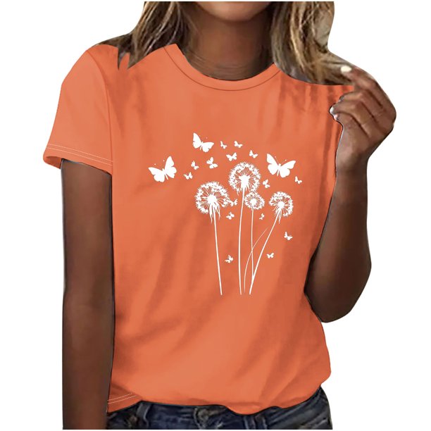 Tops de Manga Corta de Algodón para Mujeres, Moda Impresa Cuello Redondo Blusa Casual para el Hogar Y el Uso Diario