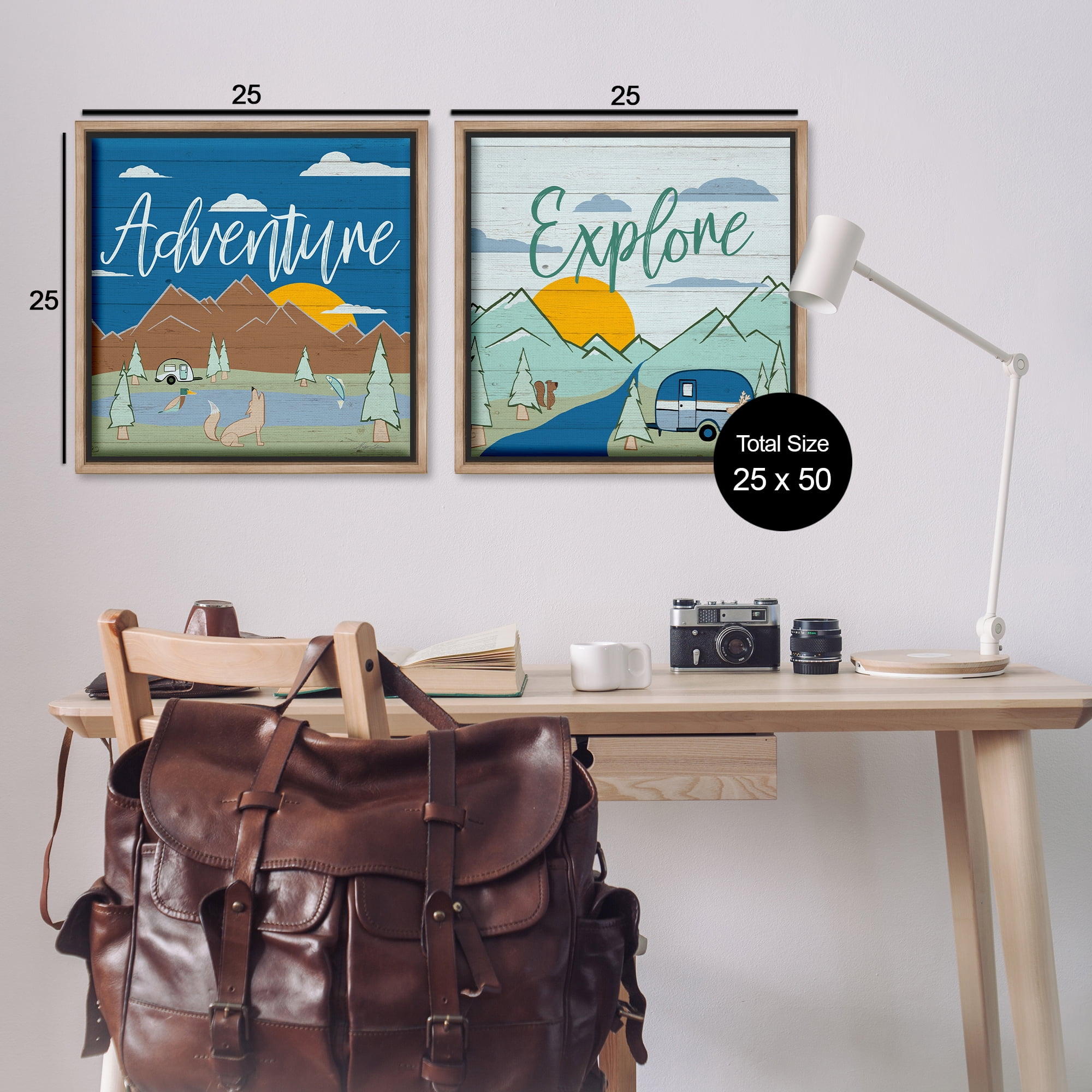 Stupell Industries Adventure Explore Camping Landscape & Nature Painting Brown Floater Framed Canvas Art Print Wall Art, 25 x 25, Set of 2