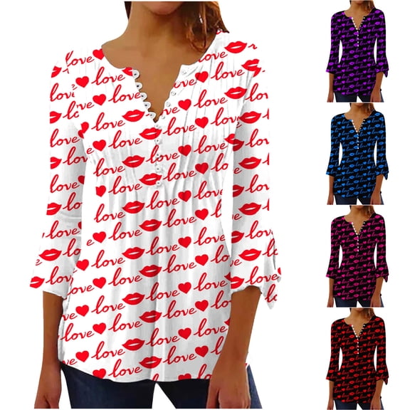 VKOYWKM Womens Valentine's Day Tunic Tops 3/4 Bell Sleeve Button V Neck Henley Shirts Love Heart Graphic Tees Pleated Empire Waist Hide Belly Blouses for Women Dressy Casual