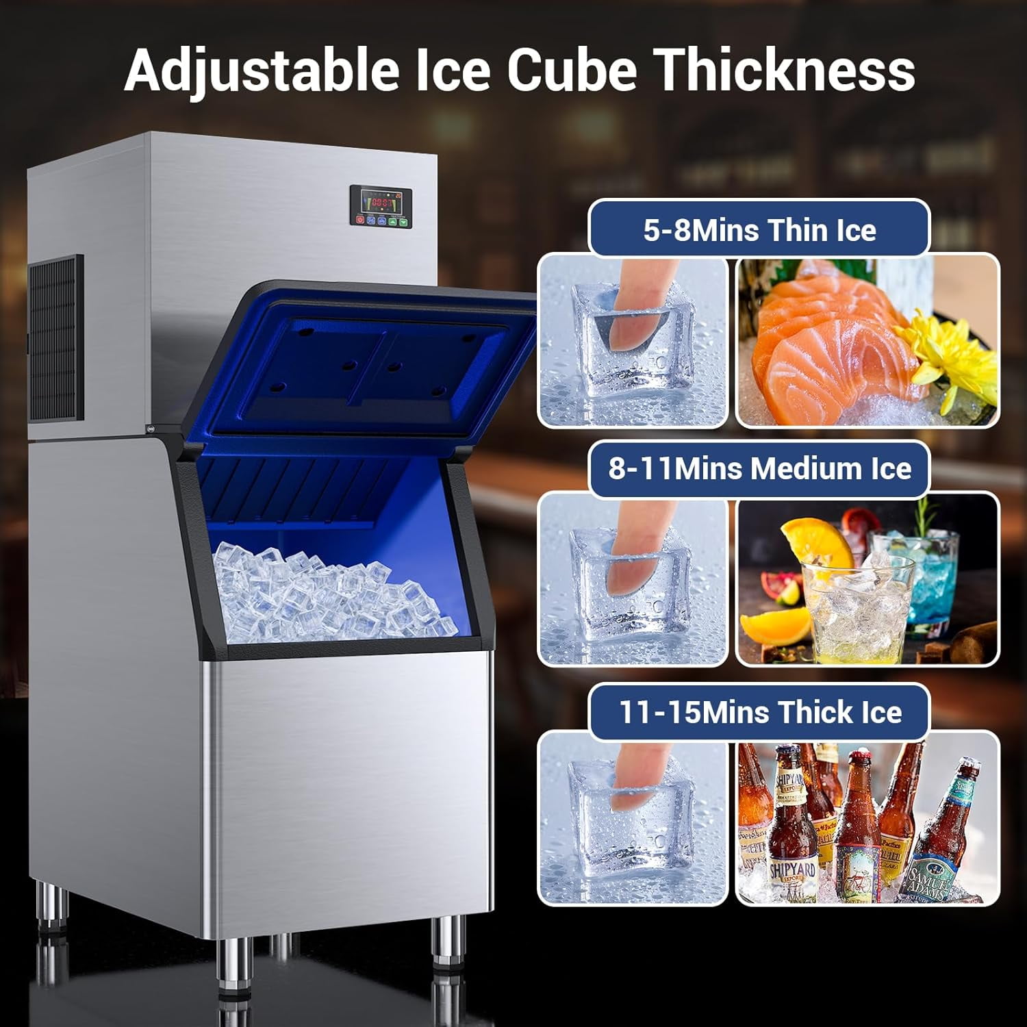 Industrial Stainless Steel Ice Maker - 580LBS/24H Production, 132 Cubes in 5-15 Mins, 12 Adjustable Thickness Settings for Hotel & Restaurant Use