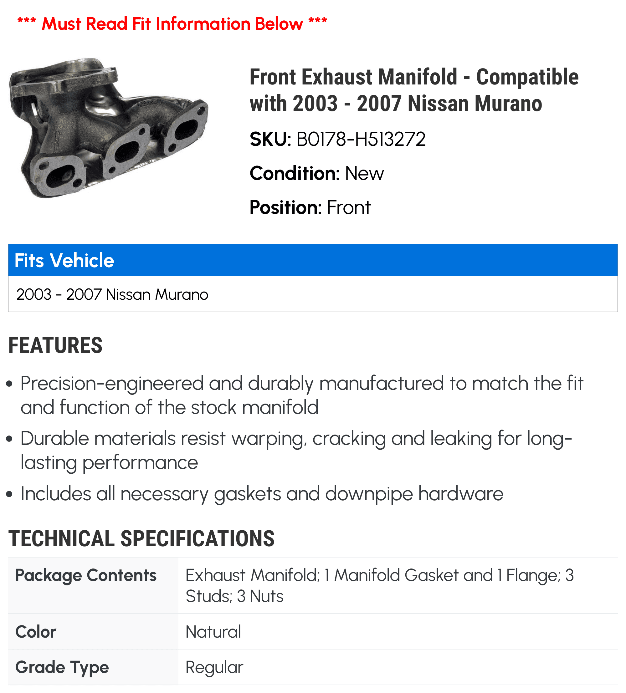 Front Exhaust Manifold - Compatible with 2003 - 2007 Nissan Murano 2004 2005 2006