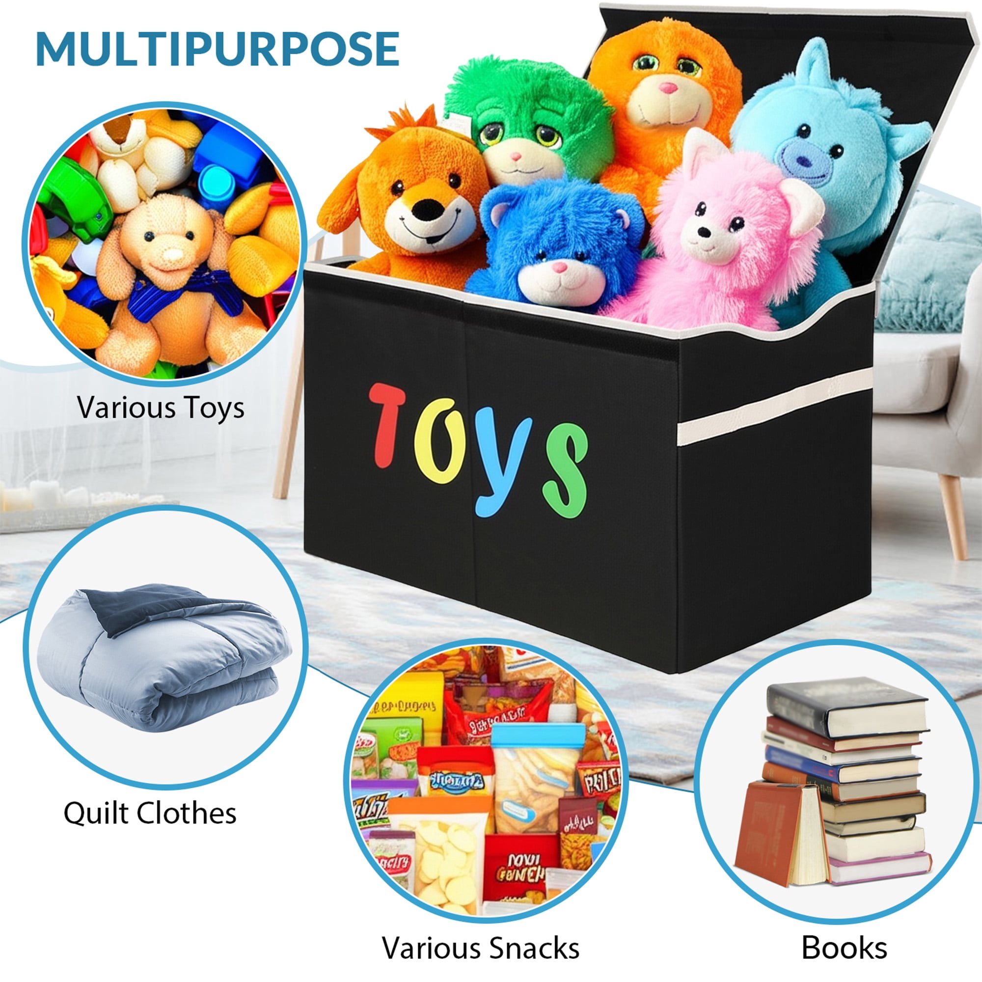 VICTORICH Extra Large Child Collapsible Toy Storage Fabric 32 gal Kids Room Toy Chests with Lid, Black