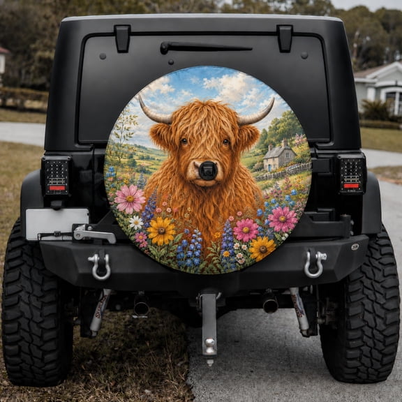 Emacom Ltd Highland Cow Wildflower Spare Tire Cover, Shaggy Cattle Floral Tire Cover, Country Farm Animal Car Accessory