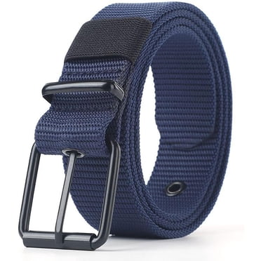 BLSCODE Men's Belts for Jeans, Men's Perforated Canvas Belt with Metal Buckle Breathable Nylon Casual Belt for Work Travel Dark Blue