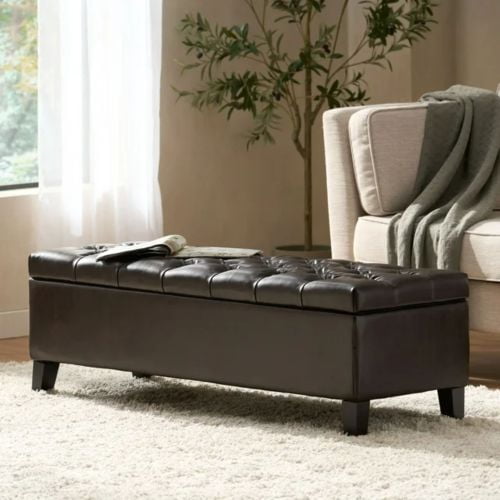 Ottoman Bench with Storage, Dark Brown PU Surface, Rubber Wood Legs, 300 lbs Capacity