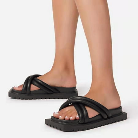 

Ladies Fashion Solid Color Leather Cross Strap Thick Bottom Casual Slippers Womens Slipper Slides Ballet Slippers for Women House Shoes Lavender Slippers for Women Womens Robe And Slippers Set Slipper