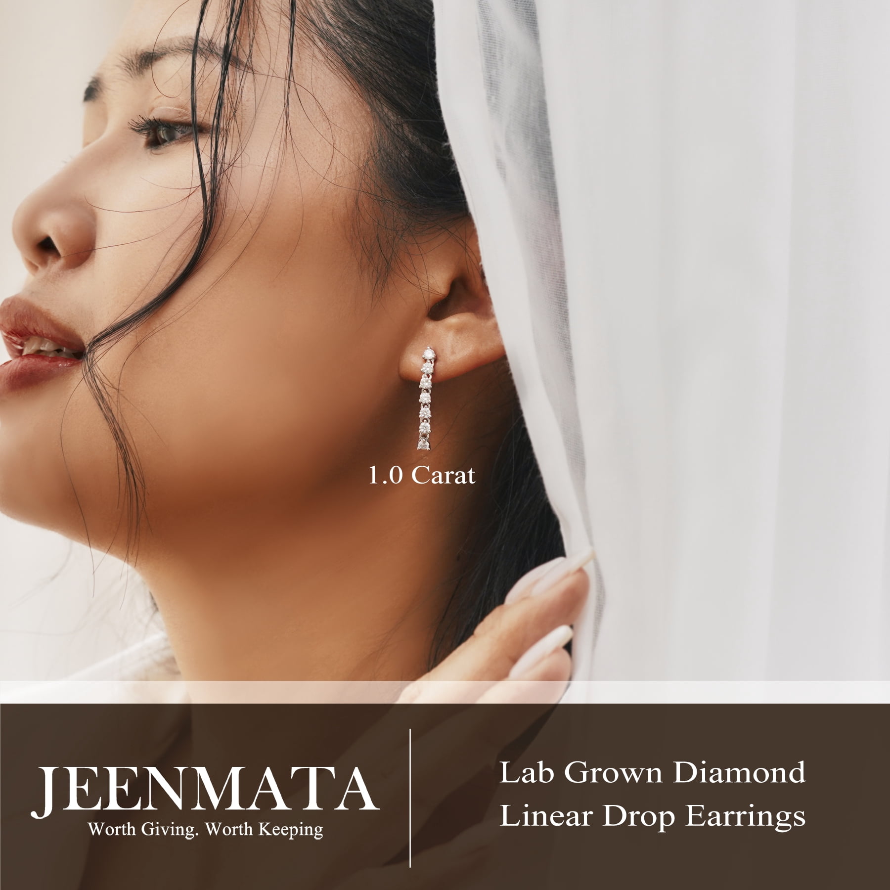 JeenMata 1 Carat Round Cut Lab Grown Diamond Linear Drop Earring - Classic Drop Earrings in 18K White Gold Plating for Women, Gift for Her