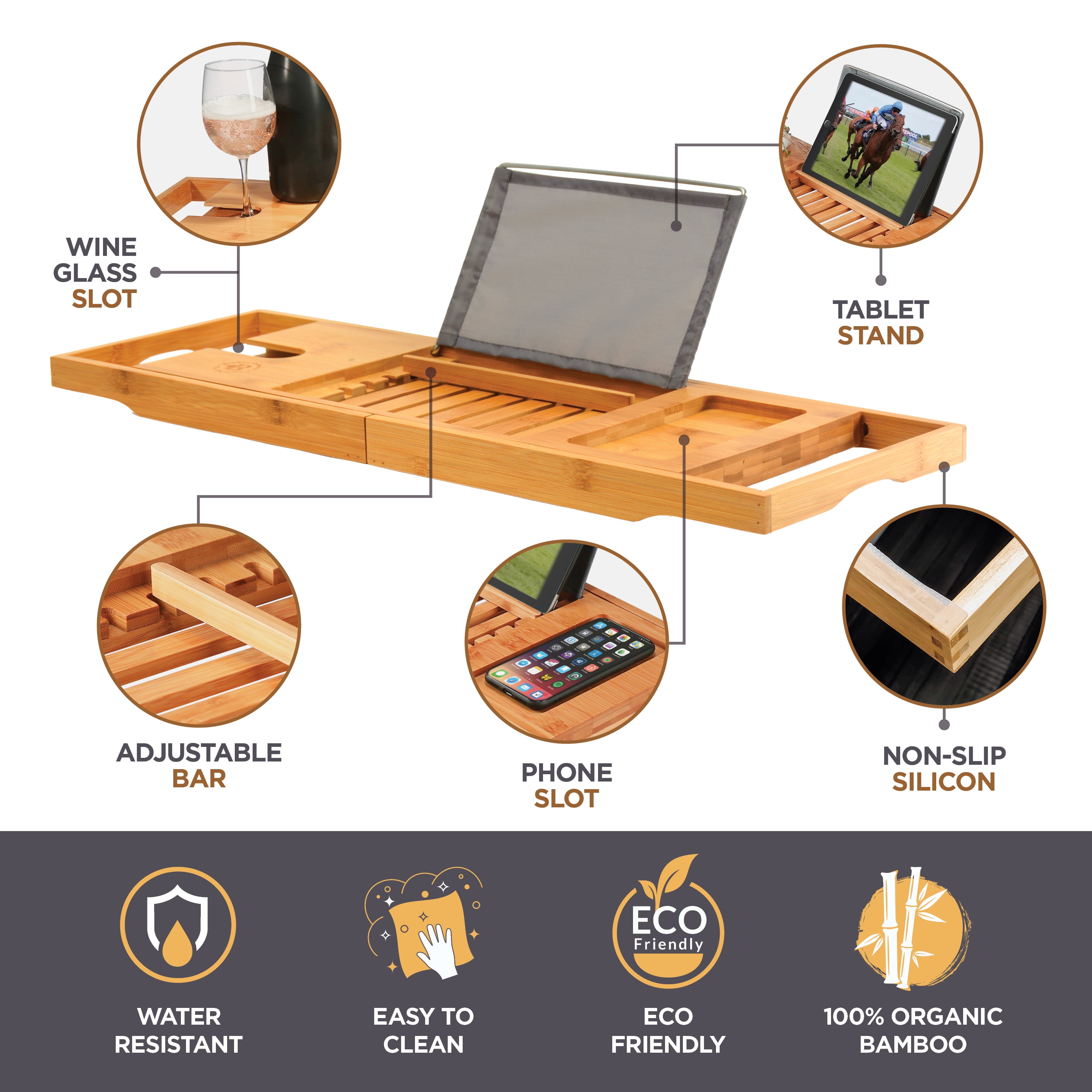 Bamboo Bathtub Tray Bath Caddy, Expandable Bath Tub Tray Wood with Tablet Holder and Wine Glass Holder