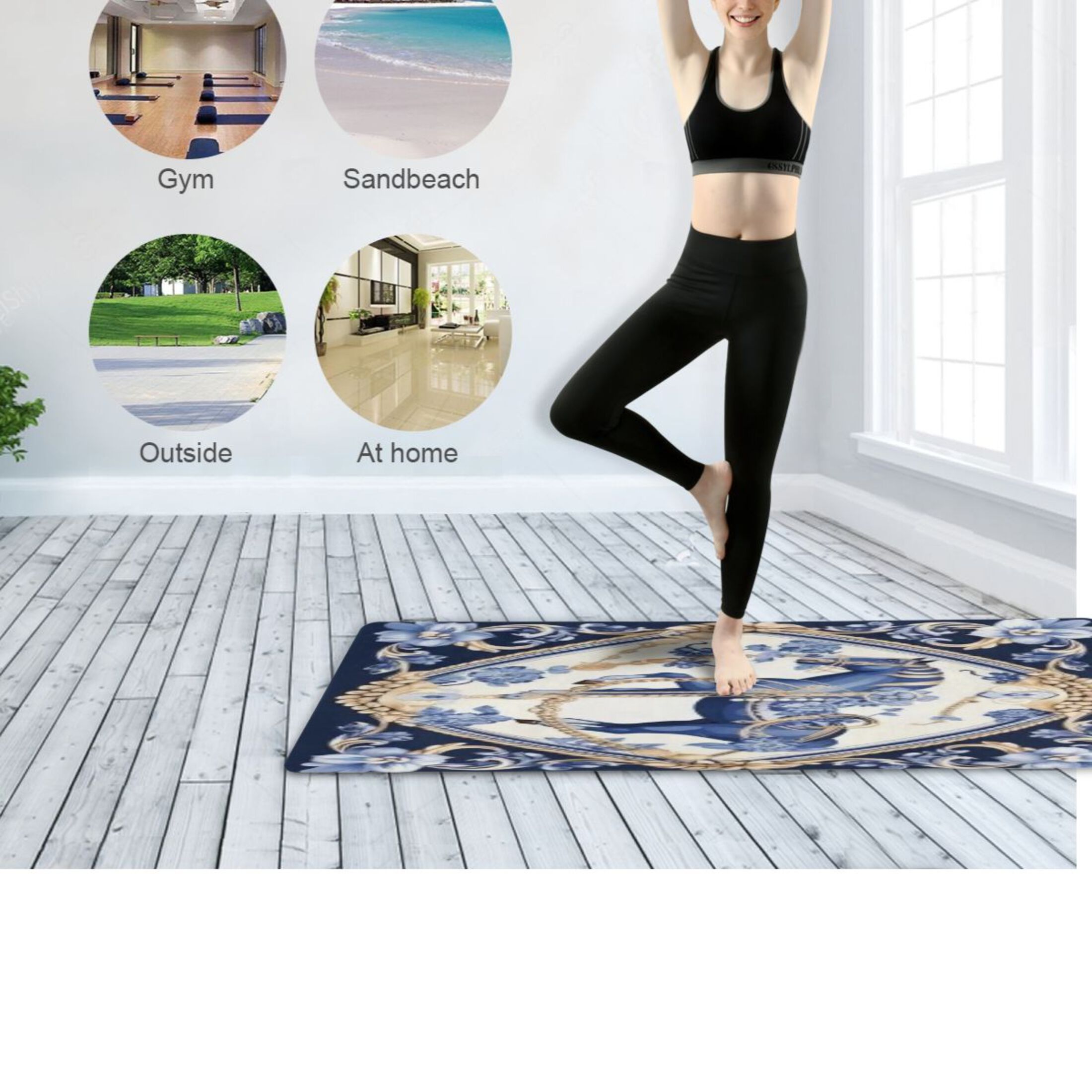 BZSMCE Yoga Mat Women Fitness Mat Ornate Blue Horse in A Floral Frame Pattern