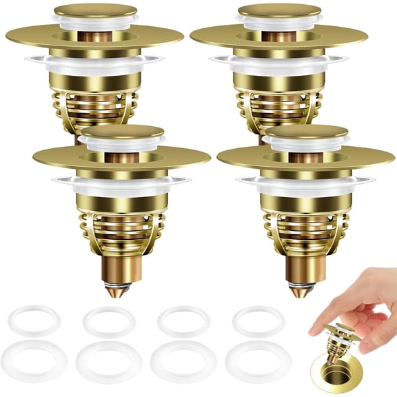 4 Pack Bathroom Sink Stopper, Universal Sink Strainer for 1.1-1.5 Inch Bullet Core Push Type Basin Pop Up Drain Filter,Bathtub Converter (Gold) 4pack