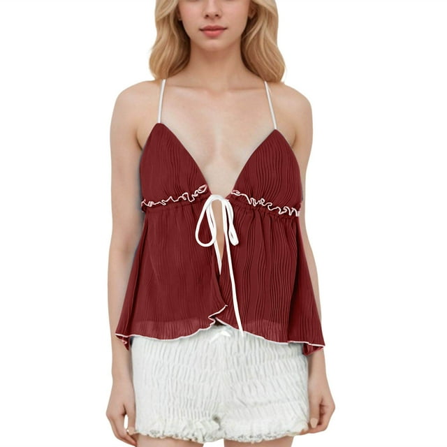 Toimothcn Womens Tank Top Women Contrast Tie Front Top Neck Flowy Crinkled Ruffle Going Out Tank Tops Summer Split Shirt Suitable For Outdoor Activities