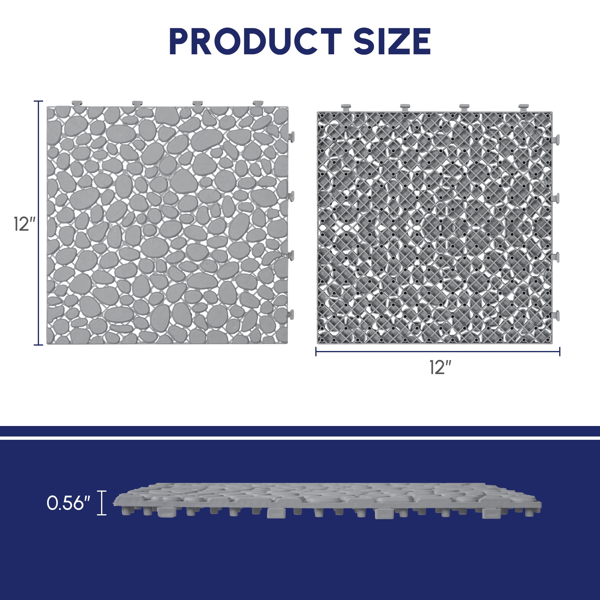 12-Pack Waterproof Interlocking Deck Tiles,12"x12" Outdoor All Weather Anti-slip Plastic Floor Decking Tiles for Garden Lawn Bathroom Shower Balcony Porch,Pebble Stone Pattern,Gray